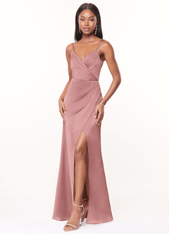 Azazie Maci Bridesmaid Dresses Dusty Rose A-Line V-Neck Pleated Stretch Satin Dress image3