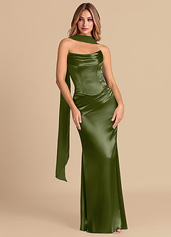 Azazie Sorrel Bridesmaid Dresses Olive Mermaid Corset Metallic Satin Convertible Dress image3