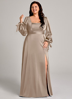 Azazie Leonia Bridesmaid Dresses Taupe A-Line Long Sleeve Stretch Satin Dress image3