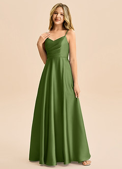 Azazie Rumi Junior Abito A-Line in Raso Elasticizzato Plissettato Ginepro image3