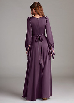 Azazie Leonia Bridesmaid Dresses Plum A-Line Long Sleeve Stretch Satin Dress image2