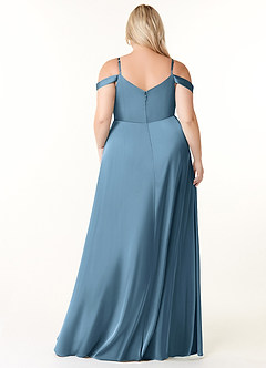 Azazie Ocean Robes de demoiselle d'honneur Robe Trapèze en Satin extensible Col V plissé Acier Bleuté image7