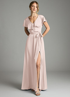 Azazie Lainey Bridesmaid Dresses Blushing Pink A-Line with Pockets Stretch Satin Dress image3