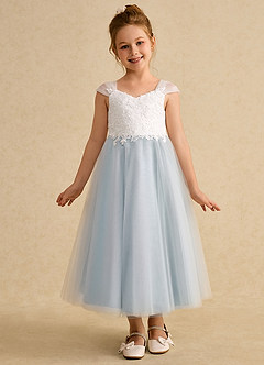 Azazie Momo Blumenmädchenkleider A-Linie Spitze Kleid Elfenbein Seeglas Blau image3