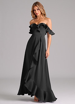 Azazie Lyra Vestidos de damas de honor Vestido de Negro de Satén Elástico de Corte en A Convertible con Vestidos sin tirantes image4