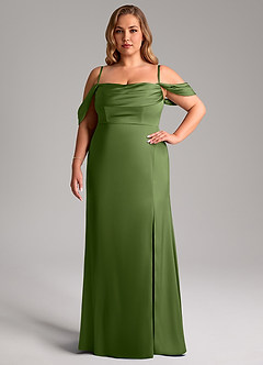 Azazie Saige Jurken voor bruidsmeisjes Jurk van Stretch Satijn met Kolom Off the Shoulder Jeneverbes image15