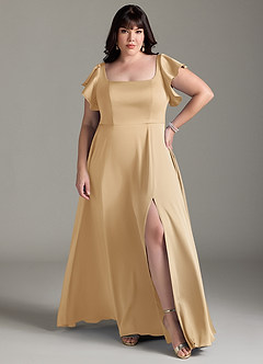 Azazie Bondi Bridesmaid Dresses Gold A-Line Bow Stretch Satin Dress image7