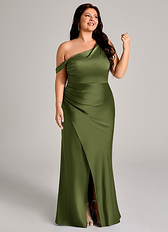 Azazie Madelyn Bridesmaid Dresses Olive Mermaid One Shoulder Stretch Satin Convertible Dress image13