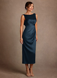 Azazie Mazhe Mère de la mariée Robes Robe Trapèze en Satin extensible Plissé Bleu Marine Foncé image4