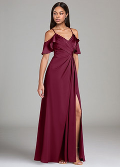 Azazie Dakota Brautjungfernkleider A-Linie Schulterfrei Stretch-Satin Kleid Maulbeerrot image1