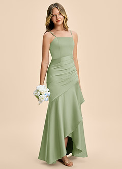 Azazie Aspyn Junior Robe Sirène en Satin extensible Drapé Vert Sauge image1