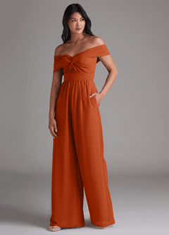 Azazie Lamara Robes de demoiselle d'honneur Combinaison Convertible en Mousseline de soie Épaule décolletée Orange Brûlée image4