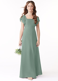 Azazie Bondi Junior Silver Sage A-Line Bow Chiffon Dress image2