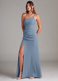 Azazie Eren Robes de demoiselle d'honneur Robe Fourreau en Crêpe Élastique Ue épaule Bleu Poussiéreux image1