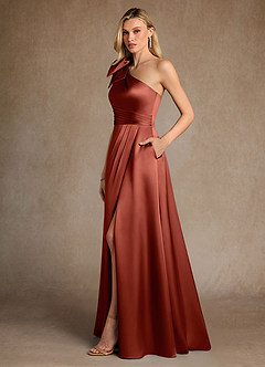 Azazie Easton Vestidos para mãe da noiva Vestido Terracota de Cetim elástico de Linha A com Um ombro image2