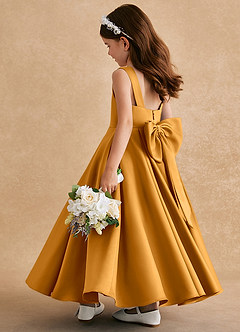 Azazie Honey Bear Flower Girl Dresses Butterscotch A-Line Pleated Matte Satin Dress image4