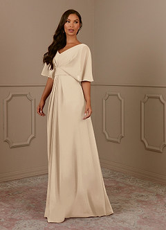 Azazie Oksana Champagne A-Line V-Neck Pleated Chiffon Dress