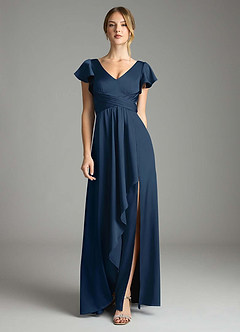 Azazie Omari Bridesmaid Dresses Dark Navy A-Line Stretch Satin Dress image3