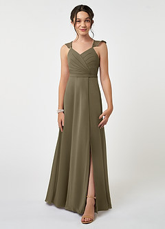 Azazie Emily Junior Robe Trapèze en Mousseline de soie Rayé Vert Saule image1