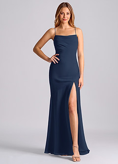 Azazie Grata Robes de demoiselle d'honneur Robe Sirène en Mousseline de soie Plissée Bleu Marine Foncé image6