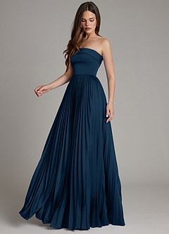 Azazie Mariana At-home Try On Dresses Dark Navy A-Line Pleated Stretch Satin Dress image7