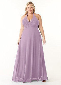 Azazie Tessie Robes de demoiselle d'honneur Robe Trapèze en Mousseline de soie Col V plissé Glycine image6