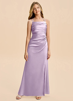 Azazie Nova Junior Vestido de Lila Esmerilada de Satén Elástico de Corte Recto con Plisado image6