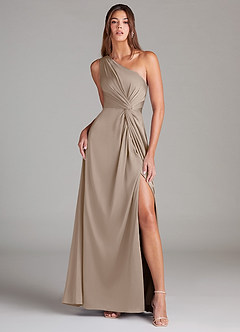 Azazie Brooke Bridesmaid Dresses Taupe A-Line One Shoulder Stretch Satin Dress image2