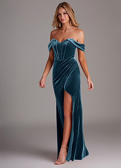 Azazie Jas Bridesmaid Dresses Blue Topaz Sheath Off-The-Shoulder Corset Velvet Convertible Dress image3