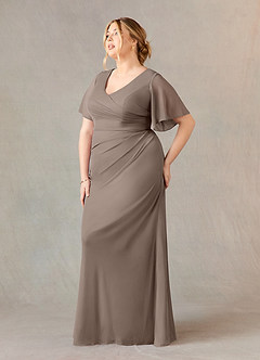 Azazie Selah Kleider für die Brautmutter A-Linie V-Hals Gerüscht Gittergewebe Kleid Taupe image8
