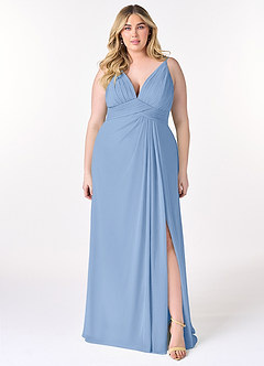 Azazie Maren Allure Vestidos de damas de honor Vestido de Azul Acero de Gasa de Corte En A con Cuello en V Encaje image6