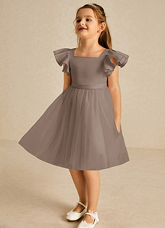 Azazie Kaeya Flower Girl Dresses Taupe A-Line Bow Tulle Dress image4