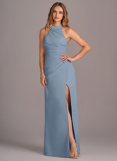 Azazie Jemma Bridesmaid Dresses Dusty Blue Sheath Pleated Chiffon Dress image4