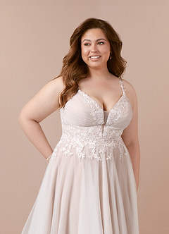 Azazie Devi Vestidos de novia Vestido de Blanco Diamante Nude de Tul de Corte en A con Encaje Cuello V image18