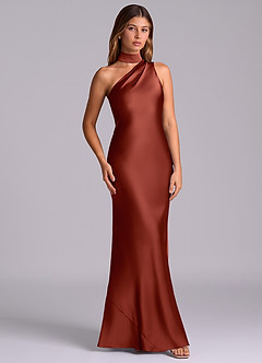 Azazie Seona Robes de demoiselle d'honneur Robe Sirène en Satin extensible Une épaule Terracotta image3