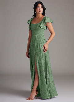 Azazie Bondi Bridesmaid Dresses Eucalyptus A-Line Side Slit Floral Burnout Dress image2