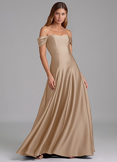 Azazie Seriana 신부 들러리 드레스 A라인 오프 더 숄더 스트레치 새틴 바닥 길이 드레스 image4