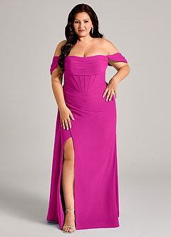 Azazie Amyra Robes de demoiselle d'honneur Robe Fourreau Convertible en Mousseline de soie Épaule décolletée Fuchsia image12