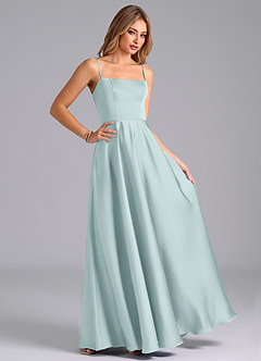 Azazie Elita 신부 들러리 드레스 A라인 주름진 스트레치 새틴 바닥 길이 드레스 image3