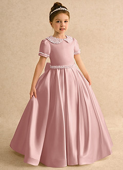 Azazie Gabriella Flower Girl Dresses Rose Gold Ball-Gown with Sleeves Matte Satin Dress image5