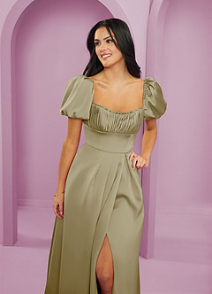 Barbie ♥ Azazie Bridesmaid Dresses Moss Green A-Line Ruched Stretch Satin Dress image5