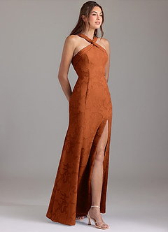 Azazie Rue Robes de demoiselle d'honneur Robe Trapèze en Blumen-Burnout Plissée Orange Brûlée image4