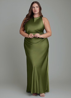 Azazie Evadne Bridesmaid Dresses Olive Sheath Pleated Stretch Satin Dress image10