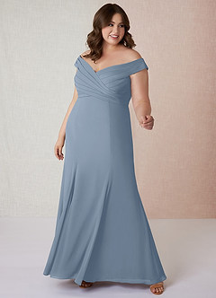 Azazie Lecia Bridesmaid Dresses Dusty Blue Empire Off-The-Shoulder Pleated Chiffon Convertible Dress image8