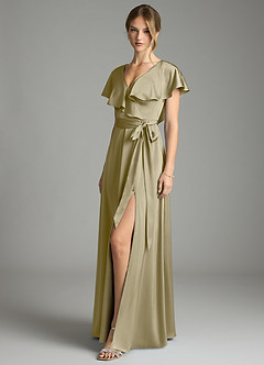 Azazie Lainey Vestidos de damas de honor Vestido de Musgo Verde de Satén Elástico de Corte en A con Con bolsillos image1