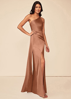 Azazie Maron Bridesmaid Dresses Bronzer A-Line One Shoulder Stretch Satin Dress image3