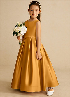 Azazie Cailee Flower Girl Dresses Butterscotch Ball-Gown Pleated Matte Satin Dress image2