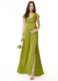 Azazie Allessia Maternity Bridesmaid Dresses A-Line Pleated Stretch Satin Floor-Length Dress image1