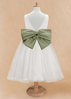 Azazie Seline Flower Girl Dresses Ivory Pistachio A-Line Bow Tulle Dress image7