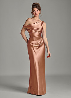 Azazie Emerson Robes de demoiselle d'honneur Robe Sirène en Satiné métallisé Épaule décolletée Bronze image1